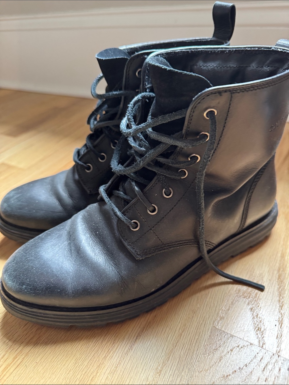 Cole Haan Black Leather Lace-Up Combat Boots
